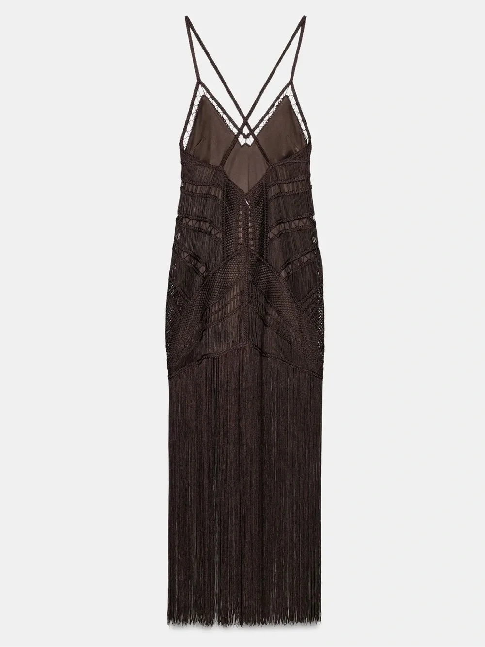 Zara NWT formal wedding guest dress crochet texture brown Fringe Maxi Dress - Picture 11 of 12